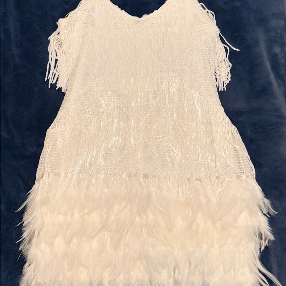 White Sequined Fringe & Feather Mini Dress - Picture 2 of 10